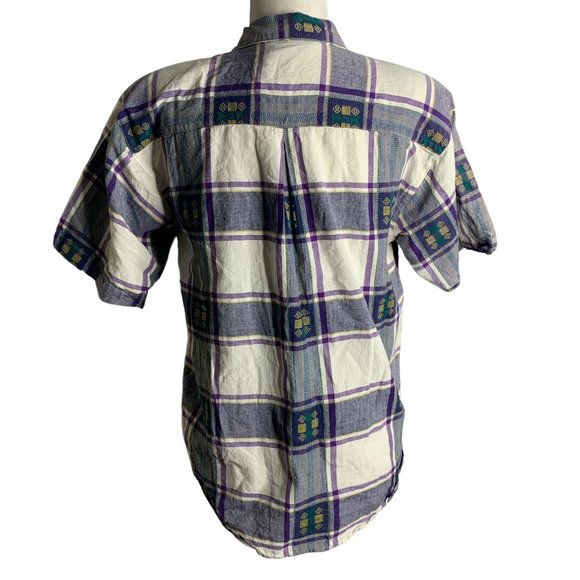 Vintage Button Up Shirt Shorts Set M Purple Plaid Embroidered Pockets Elastic - Picture 6 of 11